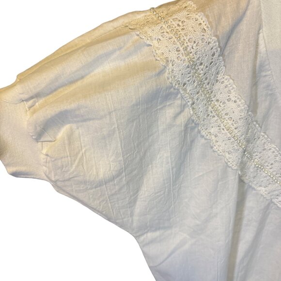 Vintage 90s Tiger White Lace Trim V Neck Top Sz L Banded Hem Sleeve Cuffs Beachy - Picture 4 of 8